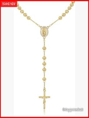 14K Gold Plated Virgin Mary Rosary Necklace Cross Y Necklace Catholic Jewelry